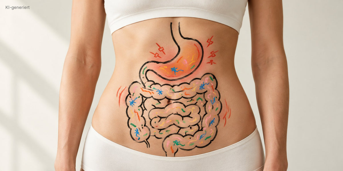 Bauch einer Frau mit aufgemalter Illustration von Magen und Darm, der Magen ist rot hervorgehoben und farbige Bakterien zeigen die Darmflora