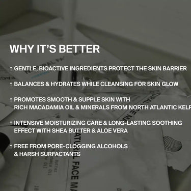 Eine Liste mit dem Titel "Why It's Better" (Warum es besser ist) beschreibt die Vorteile der CLEANSE AND HYDRATE MASK DUO 3 PACK von DALUMA, die sich durch sanfte Inhaltsstoffe, nährende Feuchtigkeit, glättende Mineralien, bewährte Wirksamkeit und eine Formel ohne scharfe Chemikalien auszeichnet.