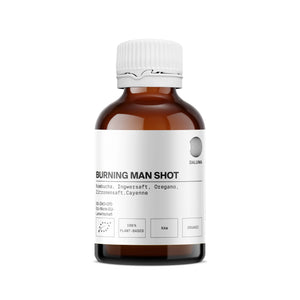 Die braune Glasflasche von DALUMA mit der Aufschrift BURNING MAN INGWERSHOT enthält Kombucha, Ingwersaft, Oregano, Zitronensaft und Cayennepfeffer. Damit ist dieser zu 100 % pflanzliche, rohe und biologische Shot eine natürliche Möglichkeit, Ihr Immunsystem zu unterstützen. Erhältlich als 12er-Pack.