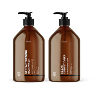 Zwei braune Pumpflaschen mit der Aufschrift "HAIR CARE DUO" von Daluma-shop stehen nebeneinander auf einem weißen Hintergrund. Dieses vegane Set unterstützt das gesunde Haarwachstum und bietet nährende Pflege für Ihr Haar.