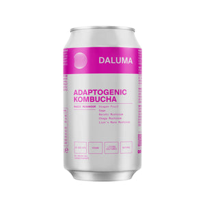Eine silberne Dose DALUMA MAGIC MUSHROOM DRACHENFRUCHT KOMBUCHA ist mit einem magentafarbenen Etikett versehen, auf dem adaptogene Inhaltsstoffe wie Drachenfrucht und Pilze sowie vegane, probiotische Kulturen, lebende Kulturen und natürliche Qualitäten aufgeführt sind.