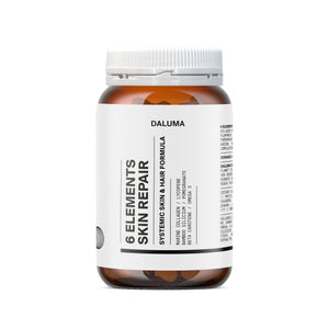 Die braune Flasche mit der Aufschrift SIX ELEMENTS SKIN KOLLAGEN KAPSELN von DALUMA hat ein weißes Etikett mit schwarzem Text und einen weißen Deckel. Diese systemische Formel für Haut und Haar enthält wichtige Inhaltsstoffe wie Bambus-Silizium zur Förderung der Hautregeneration.