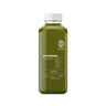 Eine durchsichtige Plastikflasche mit weißem Deckel enthält DALUMA SUPERGREEN GREEN JUICE, mit Grünzeug wie Sellerie, Spinat, Grünkohl, Petersilie, sowie Zitrone und Basilikum. Erhältlich als 6er Pack von kaltgepresster Saft.
