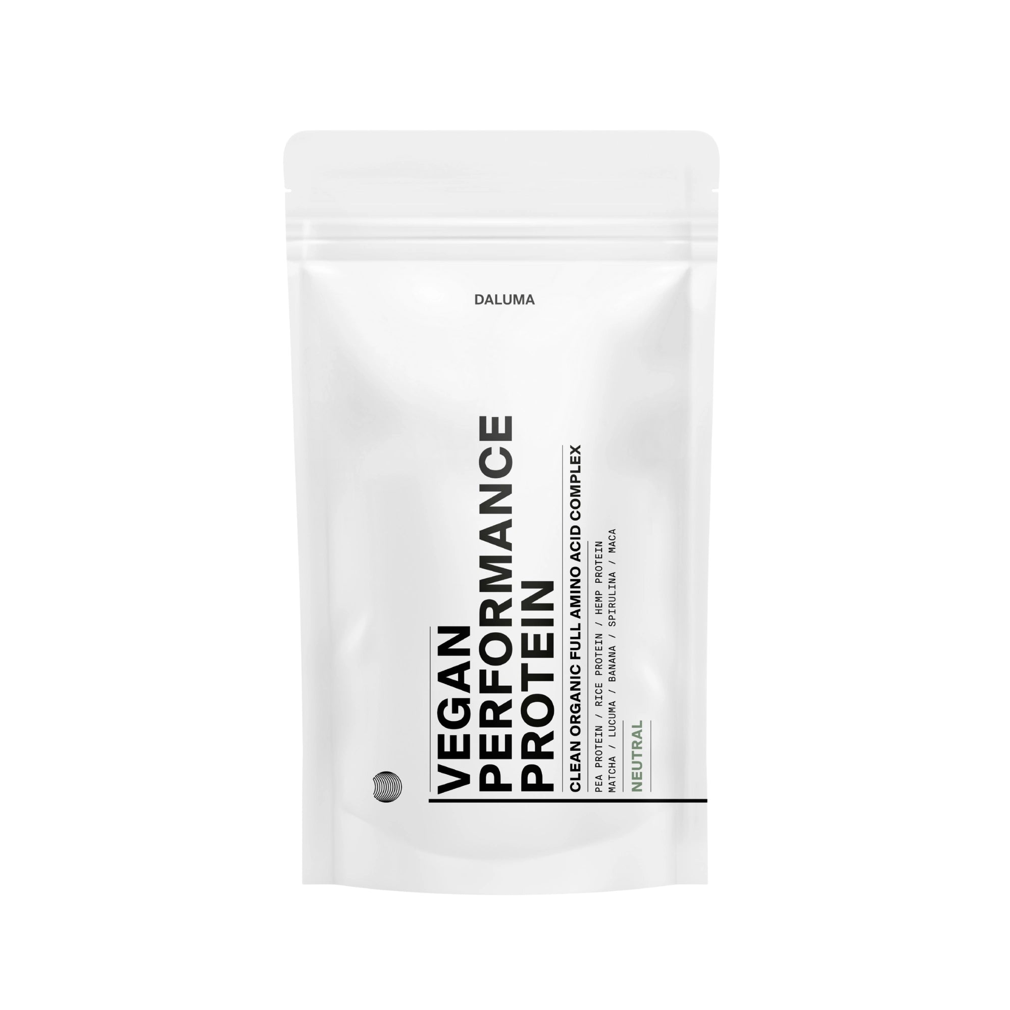 Ein weißer, wiederverschließbarer Beutel mit der Aufschrift DALUMA VEGANES PERFORMANCE PROTEIN NEUTRAL und grünem und schwarzem Text. Dieses vegane Protein enthält biologische Zutaten, einen vollständigen Aminosäurekomplex und einen neutralen Geschmack.