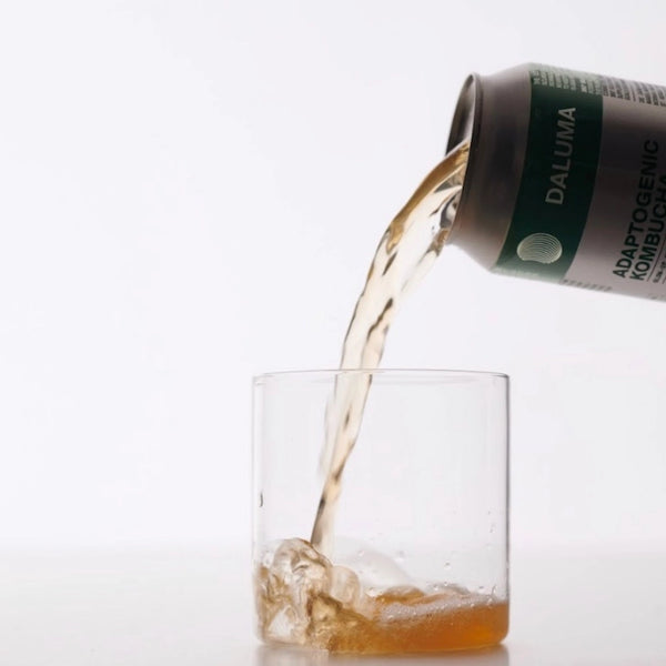 Eine Dose mit der Aufschrift DALUMA ADAPTOGENIC KOMBUCHA gießt ein hellbraunes Getränk in ein klares Glas vor einem schlichten weißen Hintergrund.