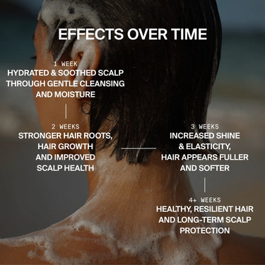 Eine Person mit nassem, kurzem, dunklem Haar steht am Meer, mit einer Textüberlagerung, die zeigt, wie Daluma-shop HAIR CARE DUO die Feuchtigkeit in 1 Woche steigert, die Wurzeln stärkt und das Wachstum in 2 Wochen fördert, in 3 Wochen Glanz und Fülle verleiht und nach 4+ Wochen schützt.