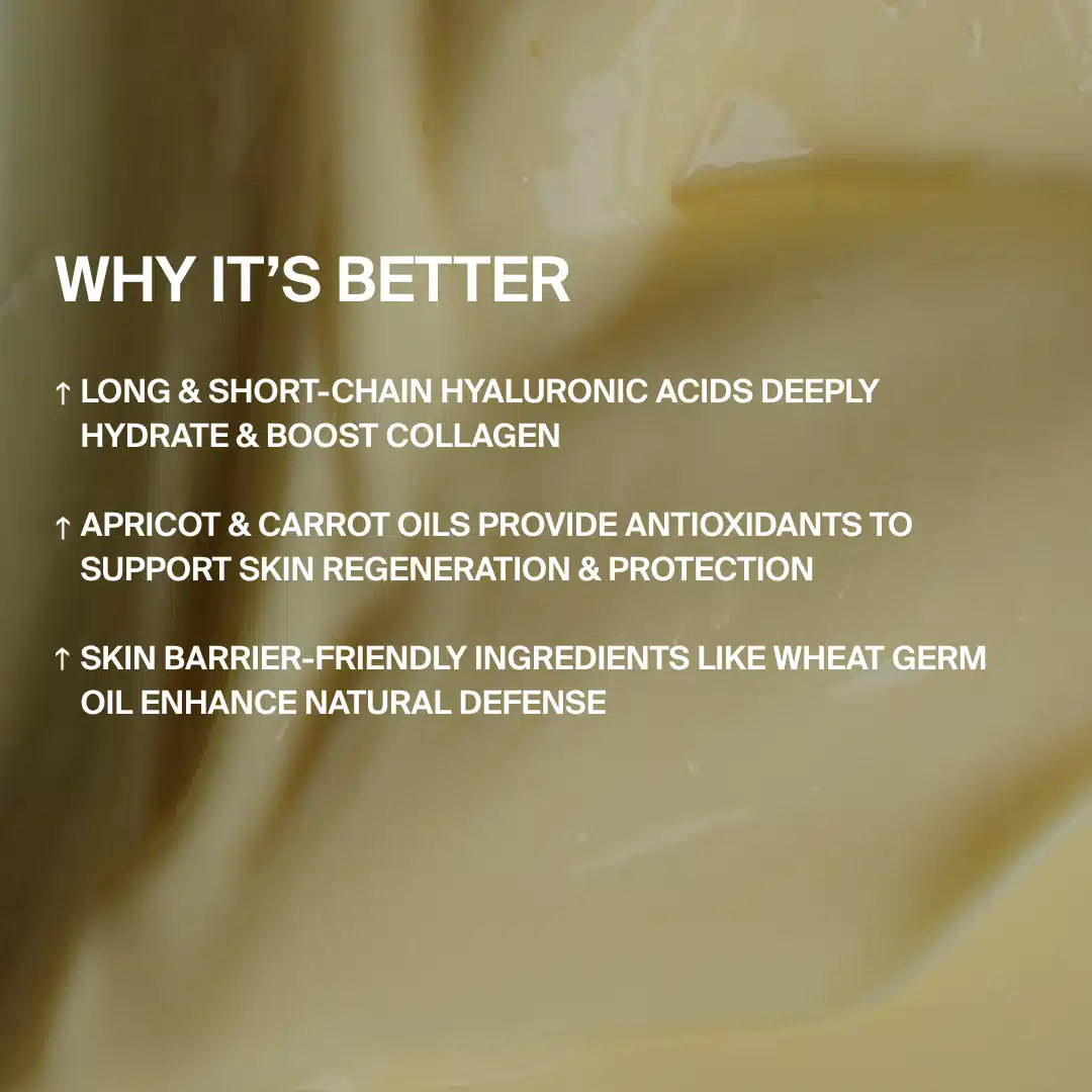 Cremig-beiger Hintergrund für DALUMA HIGH DOSE BODY BALM mit weißem Text: Hyaluronsäure zur Feuchtigkeitsversorgung und Faltenreduzierung, antioxidatives Aprikosen- und Karottenöl sowie Argan- und Weizenkeimöl zur Unterstützung der Hautbarriere.