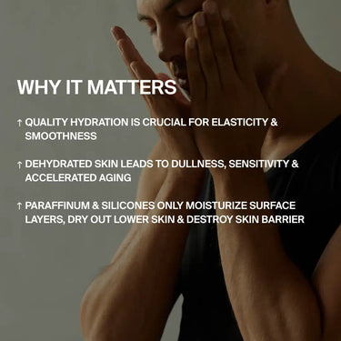 Eine Person berührt ihr Gesicht sanft mit beiden Händen. HYDRATING ESSENTIALS von DALUMA liefert hochwertige Feuchtigkeit für die Elastizität der Haut und hilft, vorzeitiger Hautalterung vorzubeugen - ganz ohne schädliche Paraffine oder Silikone.