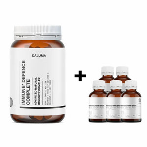 Eine große braune DEFENCE DUO Flasche von DALUMA steht neben vier kleinen Burning Man Shot Flaschen, die in zwei Reihen mit einem Pluszeichen dazwischen angeordnet sind.