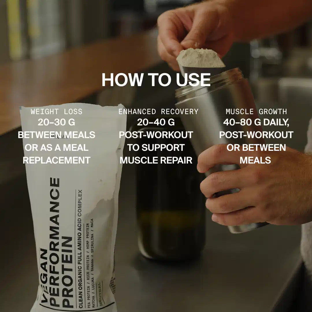 Eine Person löffelt DALUMA VEGANES PERFORMANCE PROTEIN KAKAO in einen Shaker. Verwenden Sie 20-30g zwischen den Mahlzeiten zur Gewichtsabnahme, 20-40g nach dem Training zur Erholung oder 40-80g täglich pflanzliches Eiweiß für Muskelwachstum.