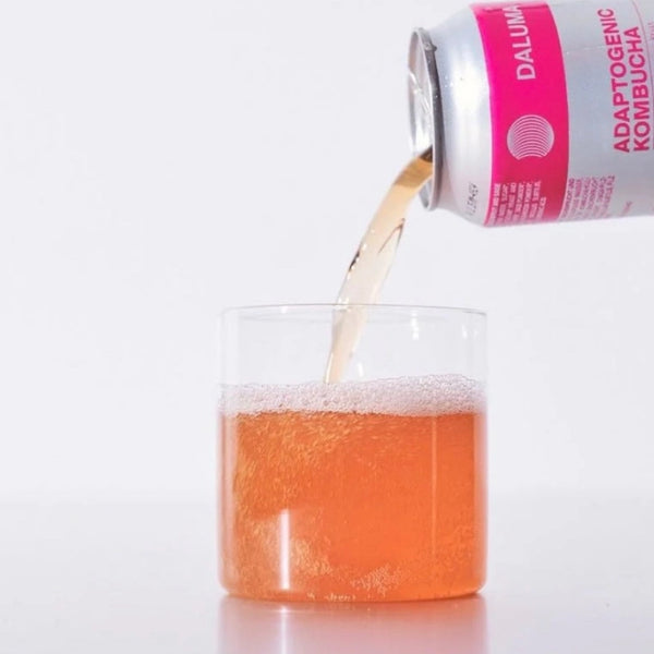 Eine Hand gießt sprudelnden orangefarbenen adaptogenen Kombucha aus einer rosa-silbernen Dose in ein klares Glas vor einem schlichten weißen Hintergrund.
