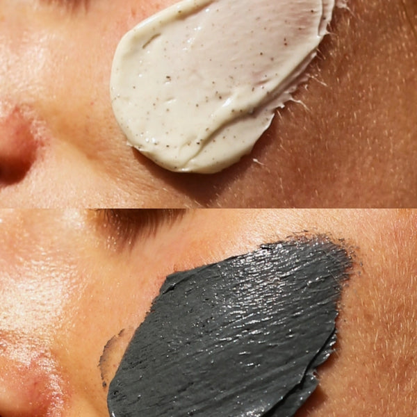 Nahaufnahme einer Wange mit weißer Creme (oberes Bild) und dunkelgrauer Tonmaske (unteres Bild), die beide verschiedene Hautpflegeprodukte auf der Haut zeigen.