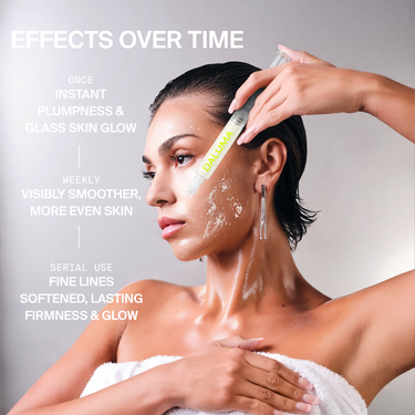 Eine Person trägt mit einem spritzenartigen Applikator Retina-Serum auf ihr Gesicht auf; daneben ist ein Text über die Vorteile von Glass Skin zu sehen sowie eine Packung LONGEVITY GLOW MASKE 5 PACK von DALUMA.