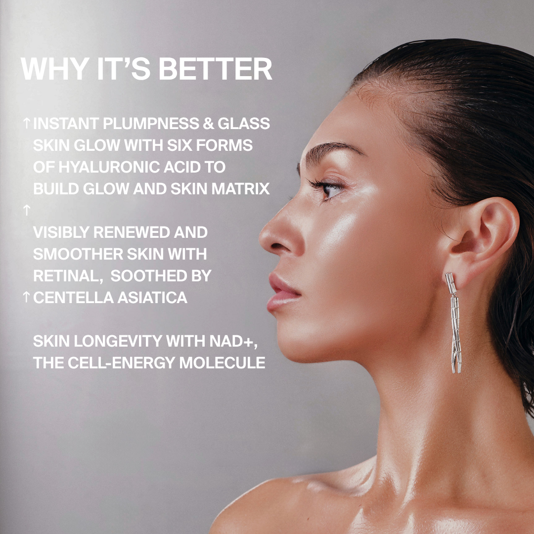 Profilansicht einer Person mit Glass Skin Glow neben dem Text DALUMA LONGEVITY GLOW MASKE 5ER-PACK, in dem die Vorteile wie Hyaluronsäure, Retinal und NAD+ hervorgehoben werden.