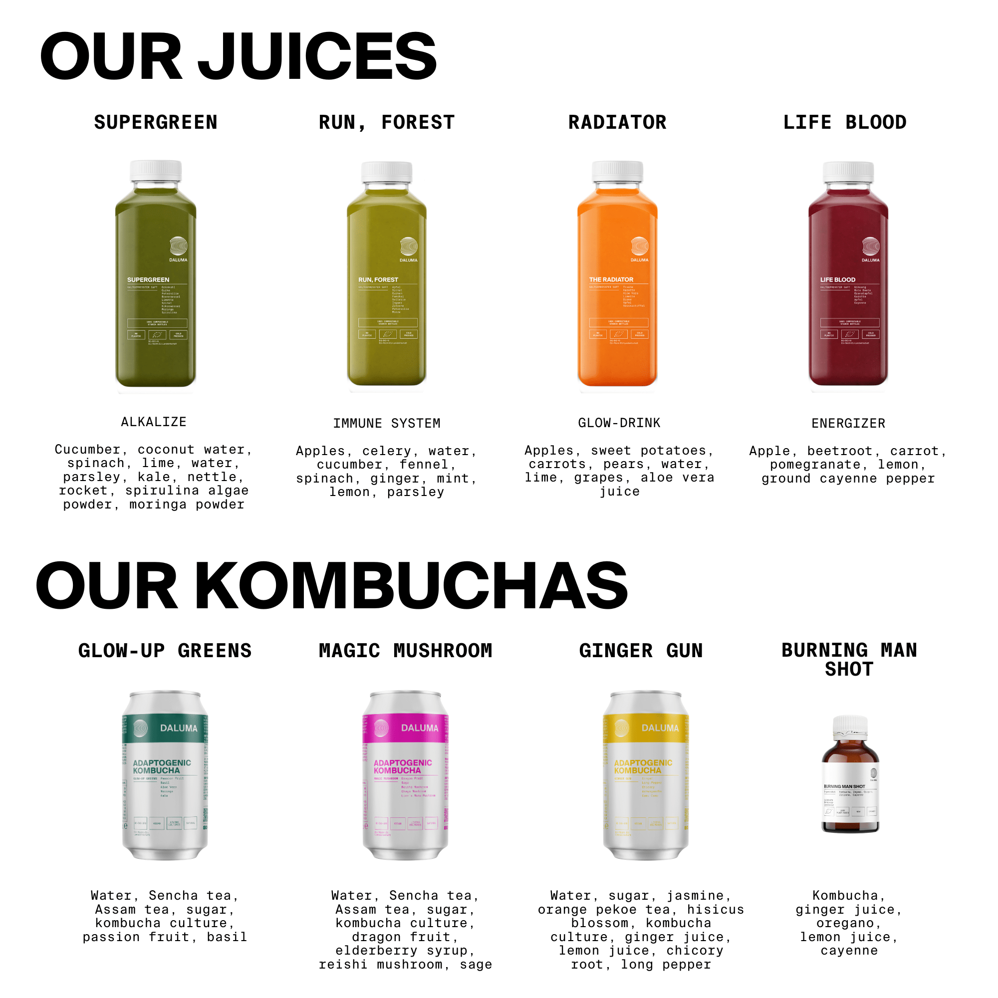 Abbildung mit vier Saftflaschen und vier Kombucha-Dosen/Shots - Supergreen, Run Forest, Radiator, Life Blood bio-kaltgepresste Säfte; Glow-Up Greens, Magic Mushroom Kombucha, Ginger Gun, Burning Man Shot - alle Teil der BETTER ENERGY SAFTKUR 7 TAGE von DALUMA.