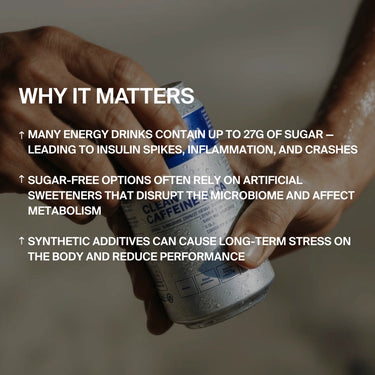 Eine Person hält eine Dose DALUMA CLEAN BCAA ENERGY DRINK 6 PACK in der Hand, während eine Texteinblendung darauf hinweist, dass viele Energydrinks viel Zucker, künstliche Süßstoffe und Zusatzstoffe enthalten.