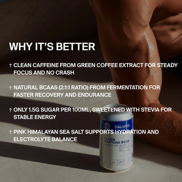 Ein DALUMA CLEAN BCAA ENERGY DRINK 6 PACK steht auf sandigem Boden, im Hintergrund eine muskulöse Person, die sich entspannt, und neben der Packung werden die wichtigsten Vorteile und Inhaltsstoffe vorgestellt.