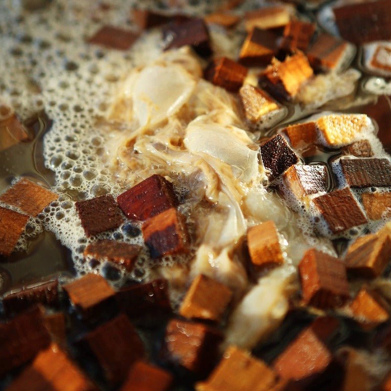Nahaufnahme von kleinen Holzwürfeln und faserigem Material, das in schaumiger Flüssigkeit getränkt ist, wahrscheinlich während des Aufgusses oder der Fermentation mit dem DAILY KOMBUCHA BOOSTER PACKAGE von DALUMA.