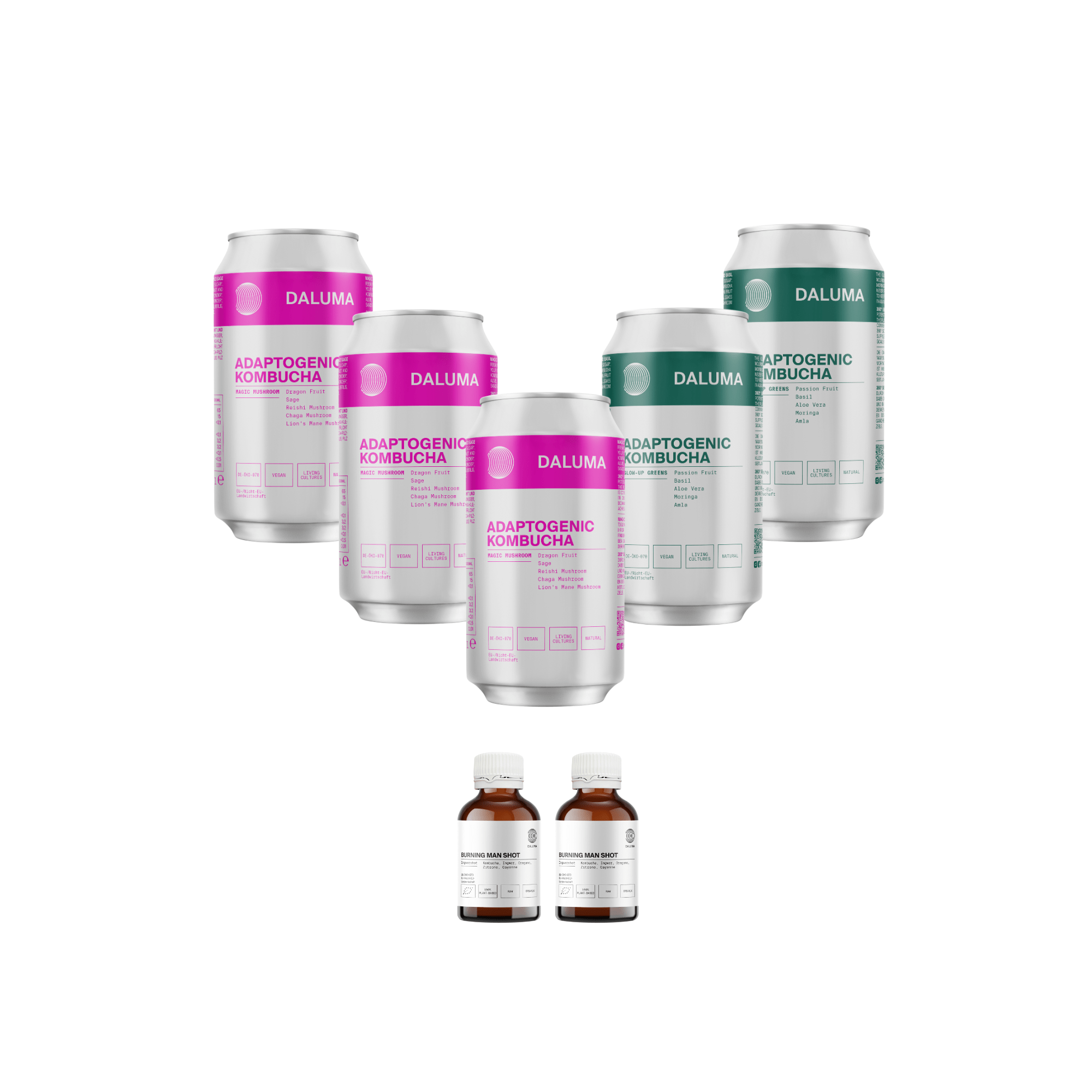 Fünf Dosen DALUMA DAILY KOMBUCHA BOOSTER PACKAGE in rosa und grünem Design sind V-förmig angeordnet, darunter zwei kleine probiotische Boosterflaschen, alles auf weißem Hintergrund.