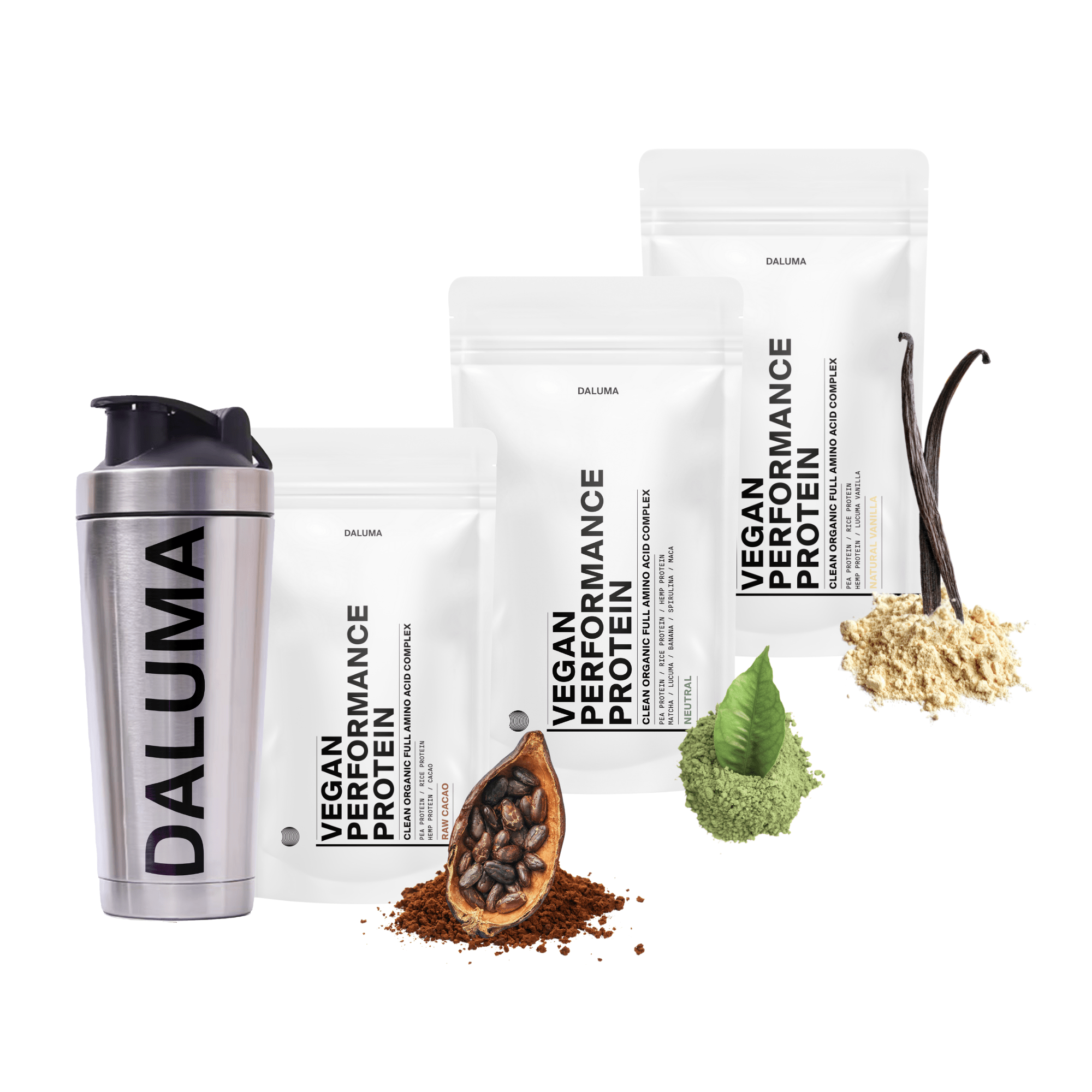 Das DALUMA VEGAN PERFORMANCE PROTEIN STARTER PACK enthält drei Proteinpulver mit einem Metall-Shaker, Kakaobohnen, Matcha-Pulver, Ingwerwurzel und Vanille - der ideale pflanzliche Boost für effektives Muskelwachstum.