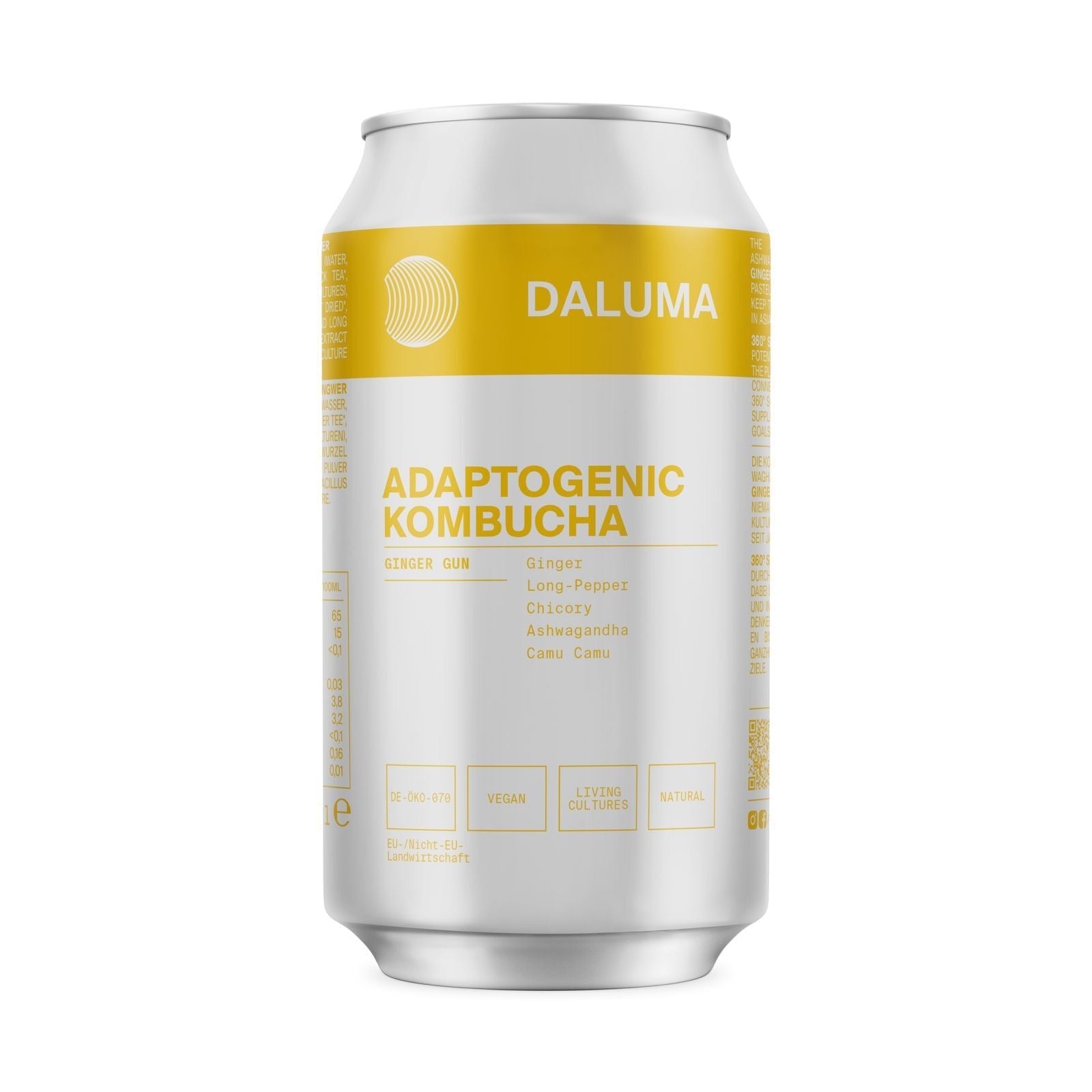 Eine silberne Dose mit gelber und weißer Aufschrift für DALUMA GINGER GUN INGWER KOMBUCHA. Dieses vegane, natürliche Getränk ist zuckerarm, enthält probiotische Kulturen, Ingwer, Ashwagandha, Camu Camu und verfügt über einen Ingwergummigeschmack.