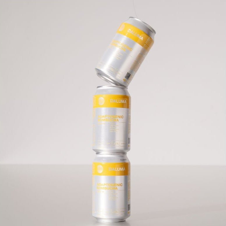 Drei silberne Dosen mit gelben Etiketten, beschriftet mit DALUMA GINGER GUN INGWER KOMBUCHA, sind senkrecht gestapelt, wobei die oberste Dose gekippt ist. Dieses zuckerarme Getränk enthält probiotische Kulturen und ist vor einem schlichten, hellen Hintergrund abgebildet.