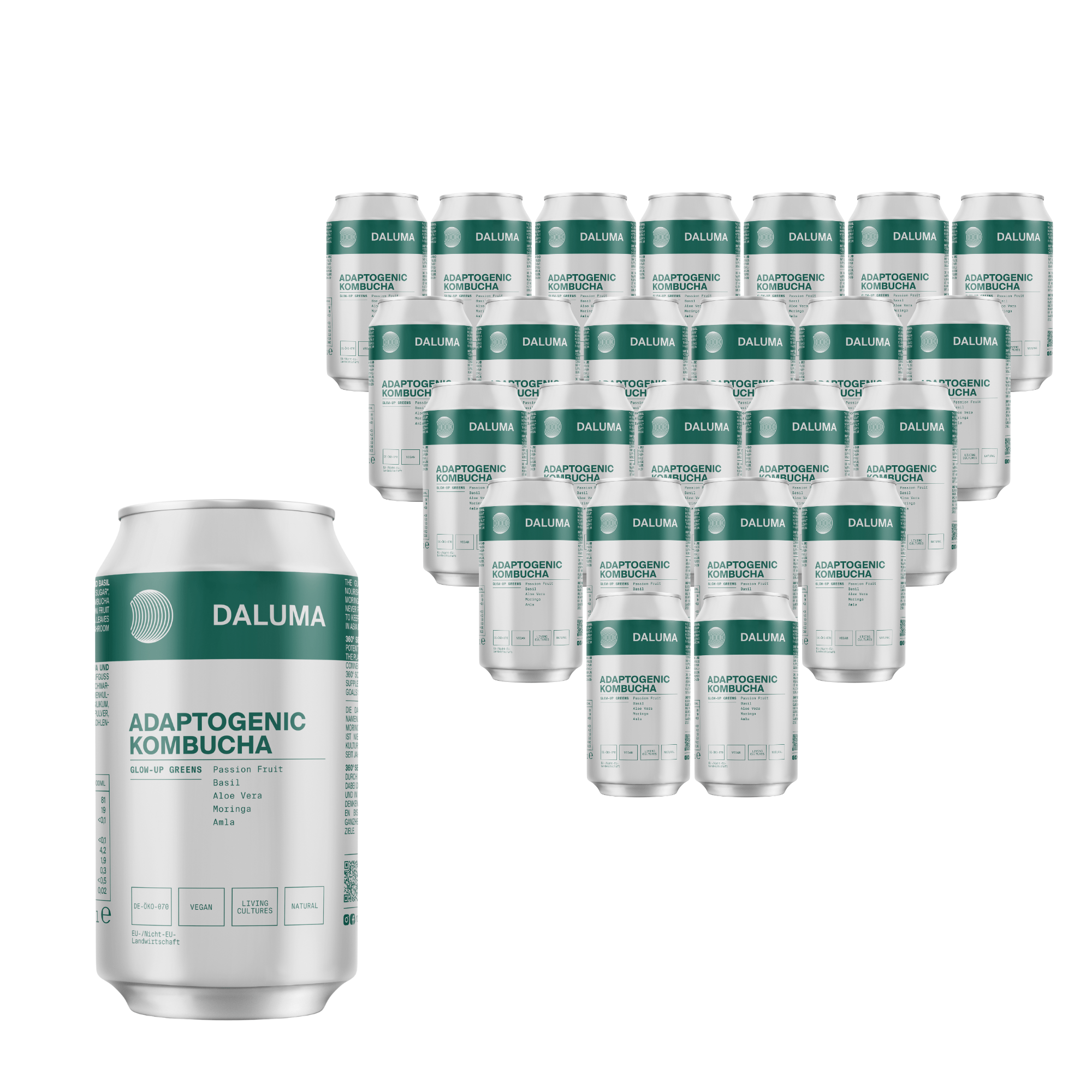 Sechzehn Dosen DALUMA GLOW UP GREENS MARACUJA KOMBUCHA, die Probiotika für die Darmgesundheit enthalten, sind in einem Dreieck angeordnet, wobei eine Dose im Vordergrund steht, um das weiß-grüne Etikettendesign zu präsentieren.