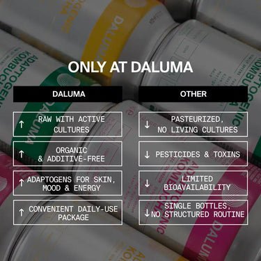 Vergleichstabelle: DALUMA GLOW UP GREENS MARACUJA KOMBUCHA - roh mit Probiotika, biologisch, adaptogen, einfach zu genießen. Andere: pasteurisiert mit Giftstoffen und geringer Bioverfügbarkeit. Hintergrund: Nahaufnahme von Dosen - Kombucha-Innovation neu definiert.