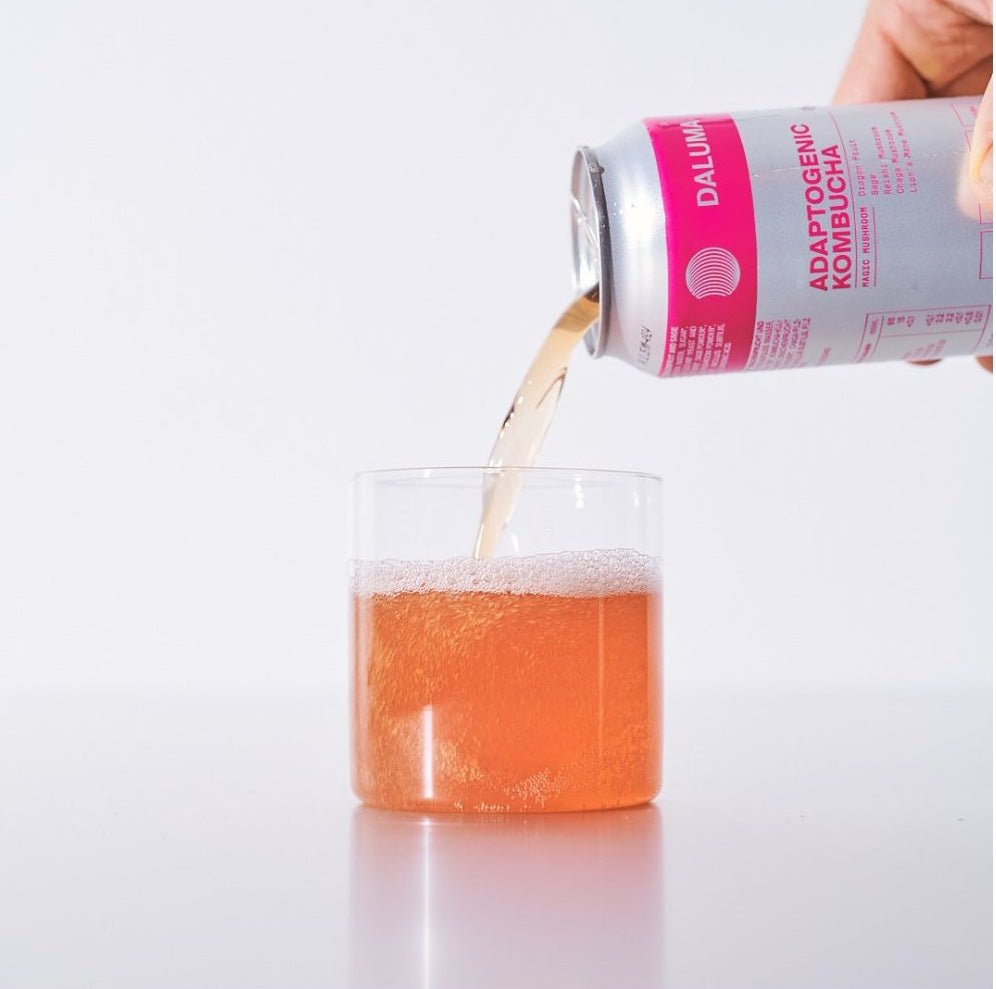 Eine Hand gießt DALUMA MAGIC MUSHROOM DRACHENFRUCHT KOMBUCHA, vollgepackt mit probiotischen Kulturen, aus einer Dose in ein klares Glas vor weißem Hintergrund - eine Erfrischung, die die Darmgesundheit unterstützt.