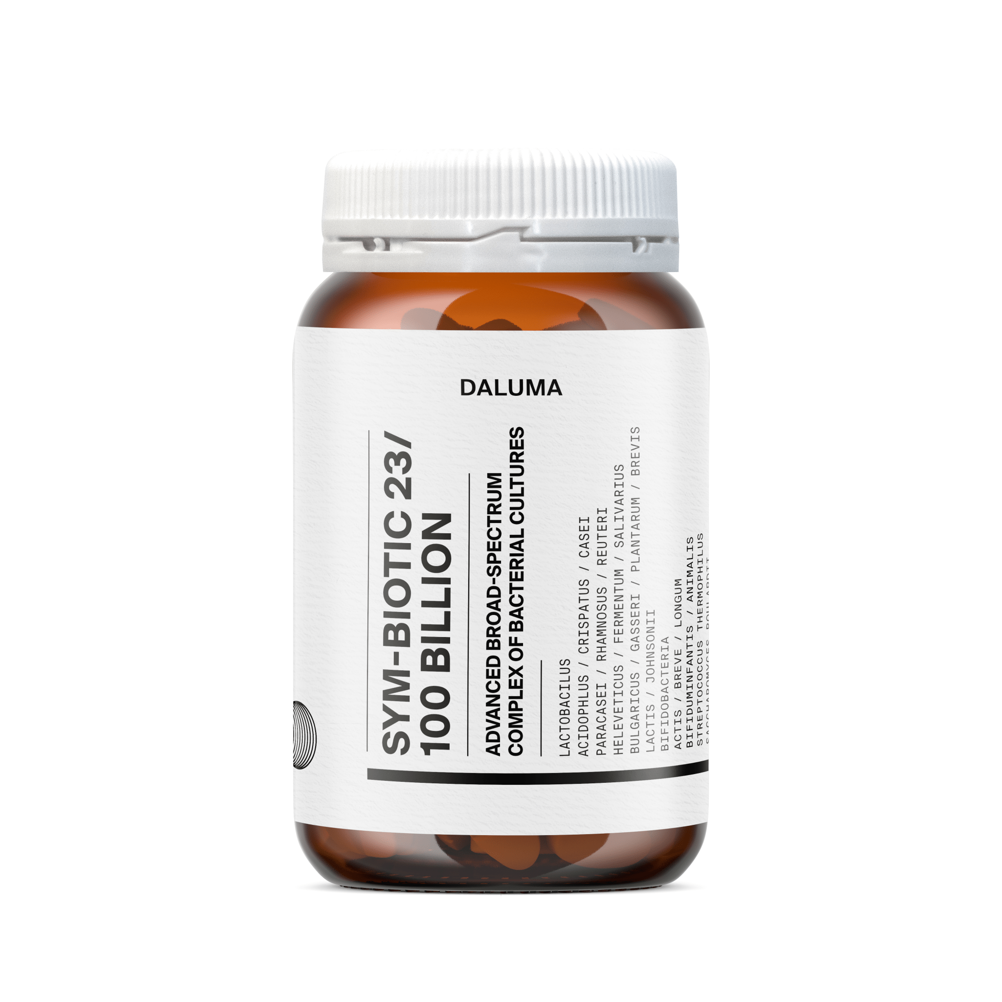 Eine braune Flasche mit einer weißen Kappe mit der Aufschrift DALUMA SYM-BIOTIC 23/100 BILLION DARMBAKTERIEN. Das Etikett hebt einen Breitspektrum-Komplex, eine magensaftresistente Kapsel und Angaben zu den Inhaltsstoffen in schwarzer Schrift hervor.