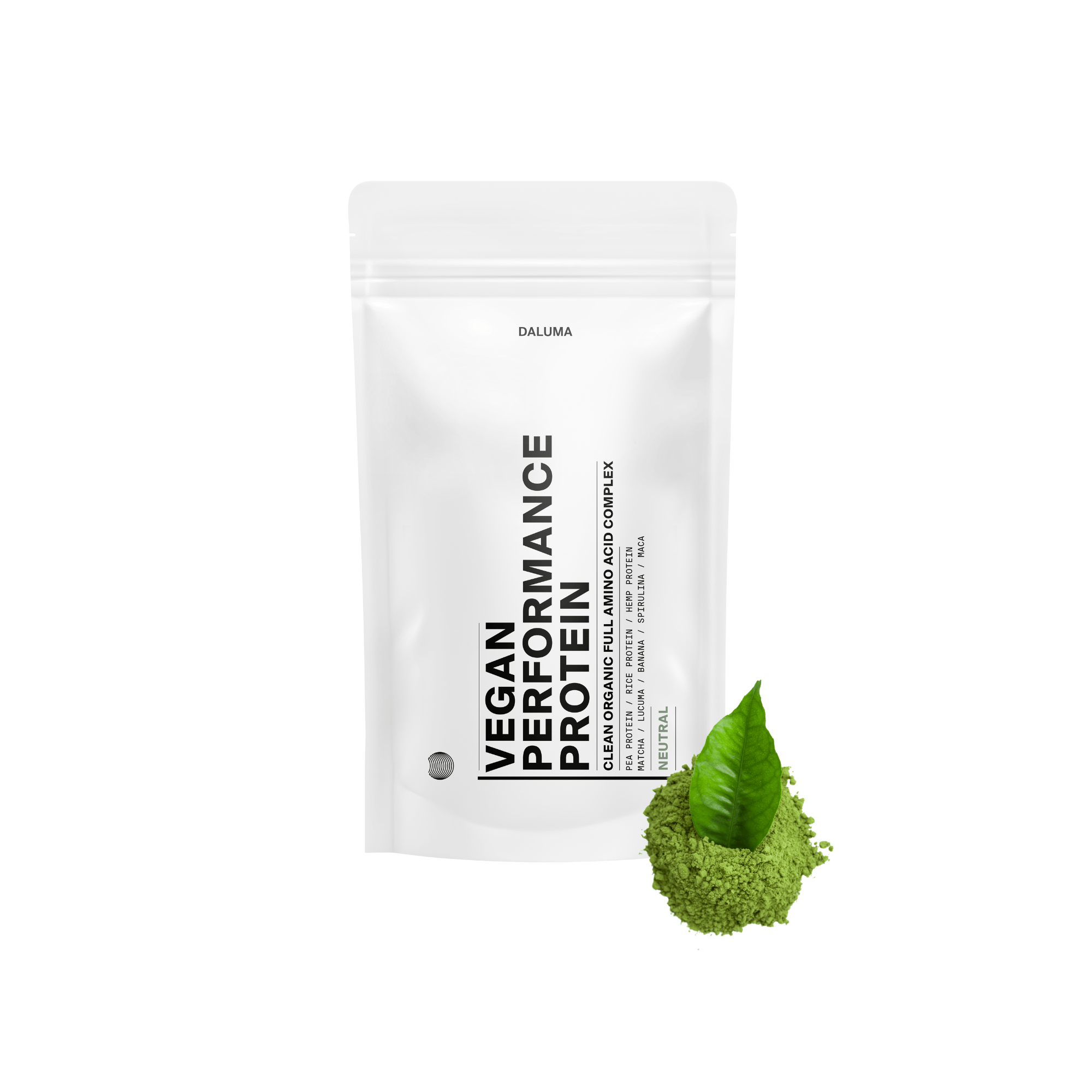 Ein weißer Beutel mit der Aufschrift DALUMA VEGANES PERFORMANCE PROTEIN NEUTRAL